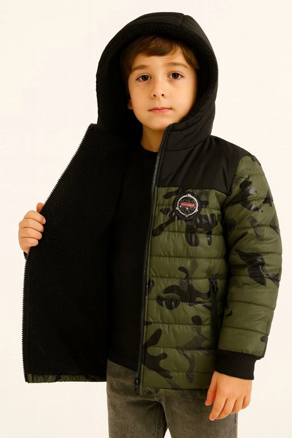 Boys' Camouflage Puffer Jacket - Khaki - Warm Plush Lined, Hooded, Zippered, Water-Repellent Winter Coat