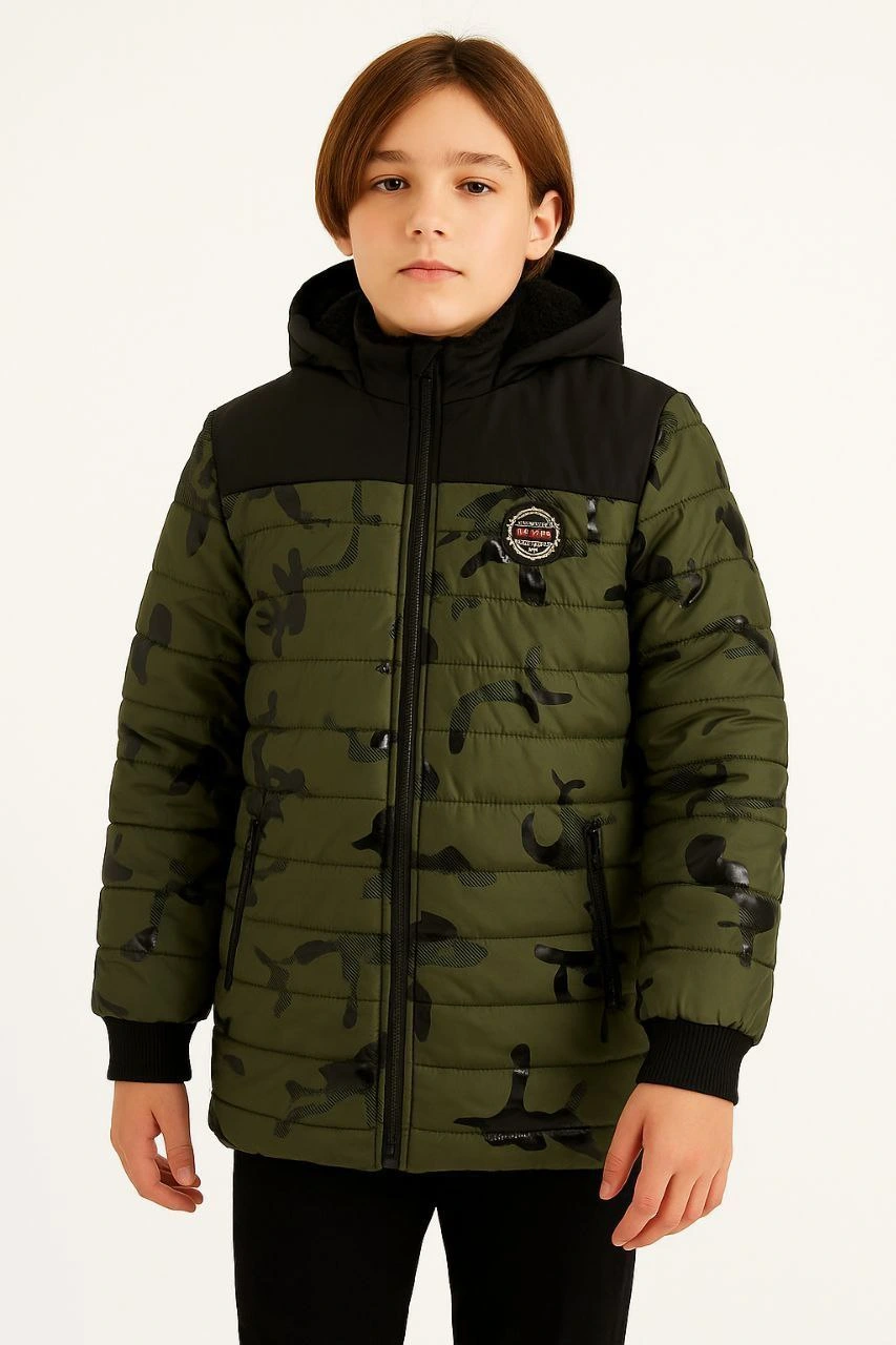 Boys' Camouflage Puffer Jacket - Khaki - Warm Plush Lined, Hooded, Zippered, Water-Repellent Winter Coat