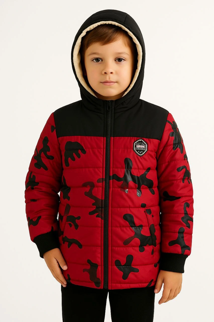 Boys' Camouflage Print Padded Jacket with Warm Plush Lining, Hood, and Zipper - Water-Repellent Winter Coat - Red