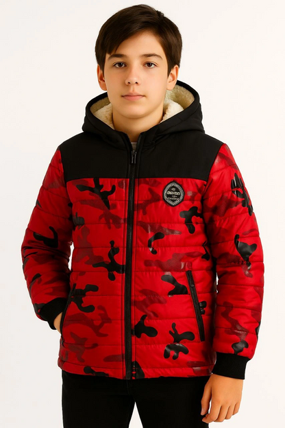 Boys' Camouflage Print Padded Jacket with Warm Plush Lining, Hood, and Zipper - Water-Repellent Winter Coat - Red