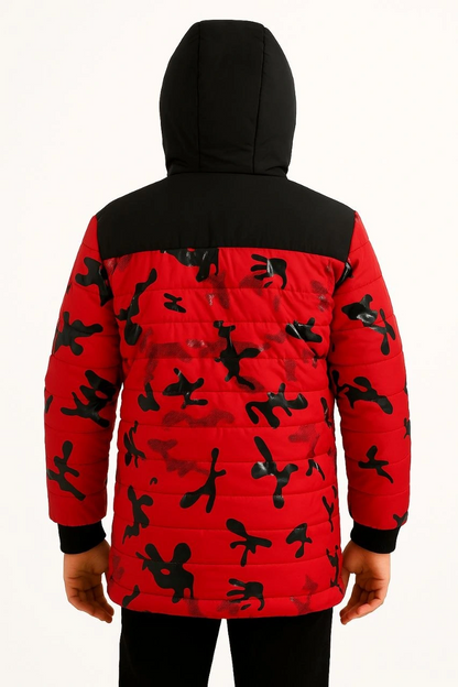 Boys' Camouflage Print Padded Jacket with Warm Plush Lining, Hood, and Zipper - Water-Repellent Winter Coat - Red