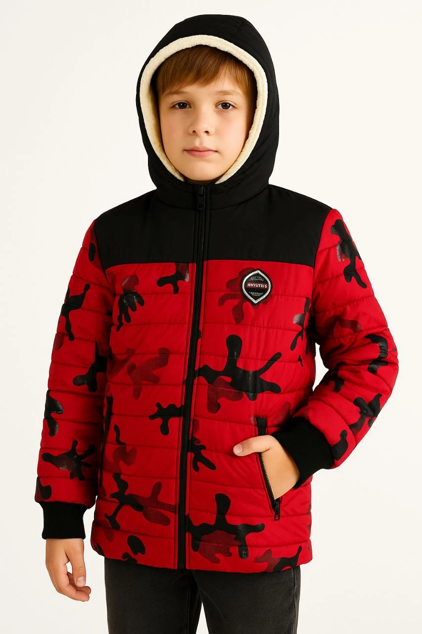 Boys' Camouflage Print Padded Jacket with Warm Plush Lining, Hood, and Zipper - Water-Repellent Winter Coat - Red