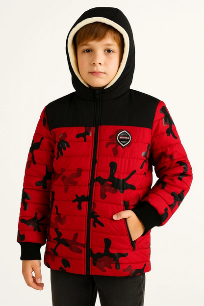 Boys' Camouflage Print Padded Jacket with Warm Plush Lining, Hood, and Zipper - Water-Repellent Winter Coat - Red