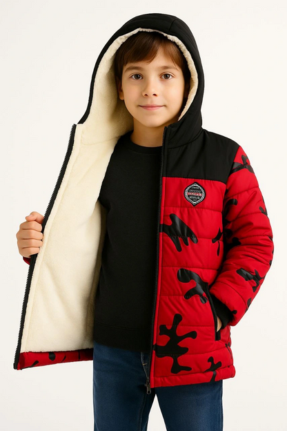Boys' Camouflage Print Padded Jacket with Warm Plush Lining, Hood, and Zipper - Water-Repellent Winter Coat - Red