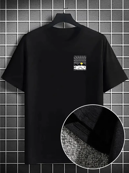 Erkek Dağ Grafikli Tişört, Yaz için Büyük Beden Rahat T-shirt - Siyah