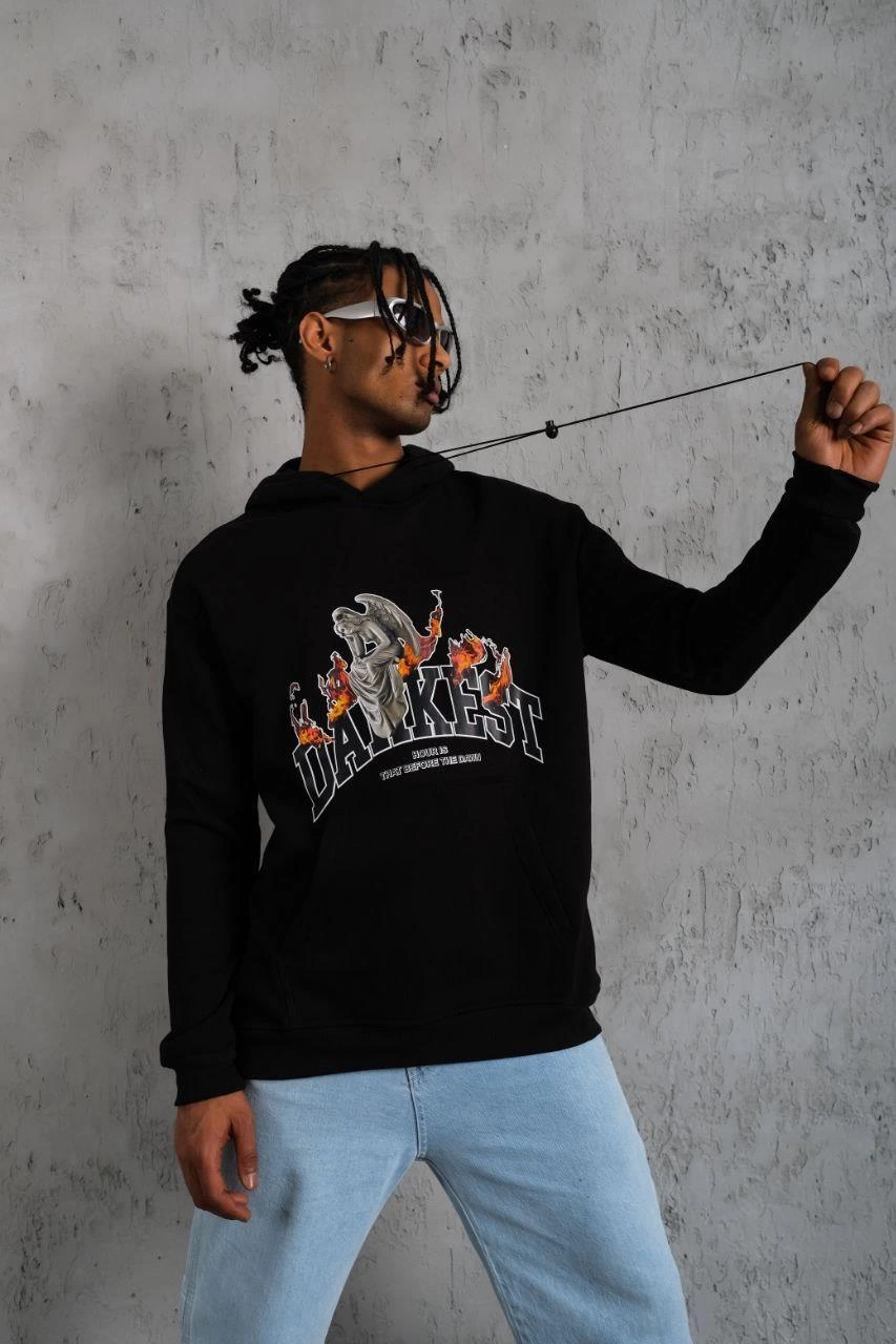 Men's Oversize Hooded Sweatshirt - Black Color Three-Yarn Cotton Lined Kangaroo Pocket Printed Hoodie Comfortable Fit Suitable for Winter Casual Outfits - Black