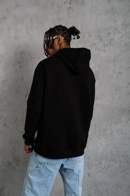 Men's Oversize Hooded Sweatshirt - Black Color Three-Yarn Cotton Lined Kangaroo Pocket Printed Hoodie Comfortable Fit Suitable for Winter Casual Outfits - Black