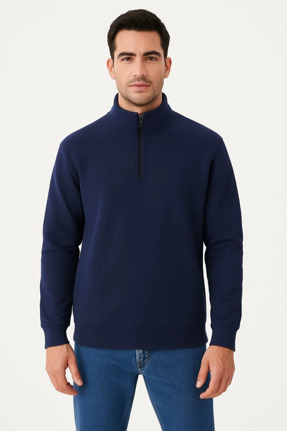 Erkek Dik Yaka Sweatshirt Dik Yaka Yarım Fermuarlı 3 İplik Şardonlu Pamuk Kumaş - Lacivert