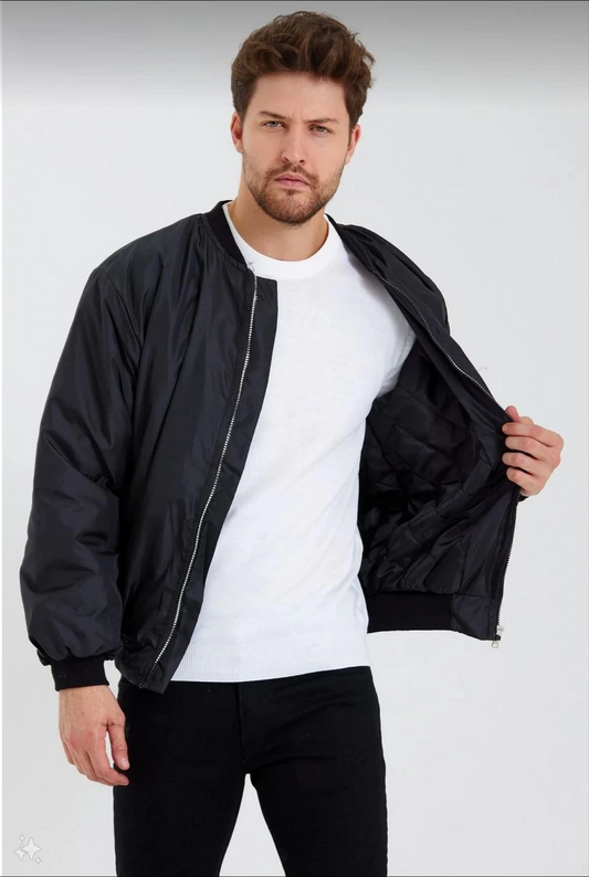 Unisex Siyah Bomber Mont - Su İtici Kumaş, Kapitone Astarlı, Fermuarlı ve Günlük Kullanıma Uygun Ceket- Siyah