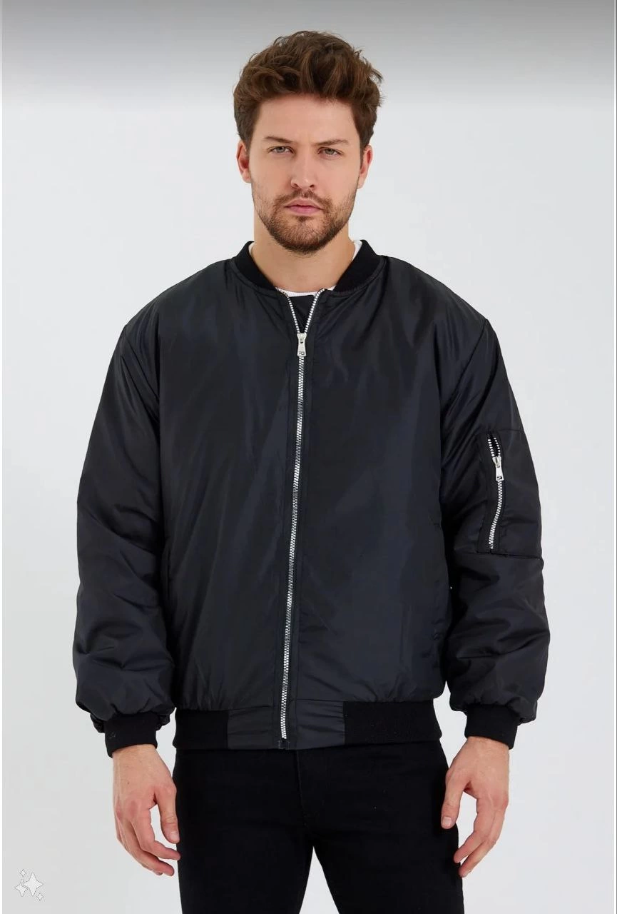Unisex Siyah Bomber Mont - Su İtici Kumaş, Kapitone Astarlı, Fermuarlı ve Günlük Kullanıma Uygun Ceket- Siyah