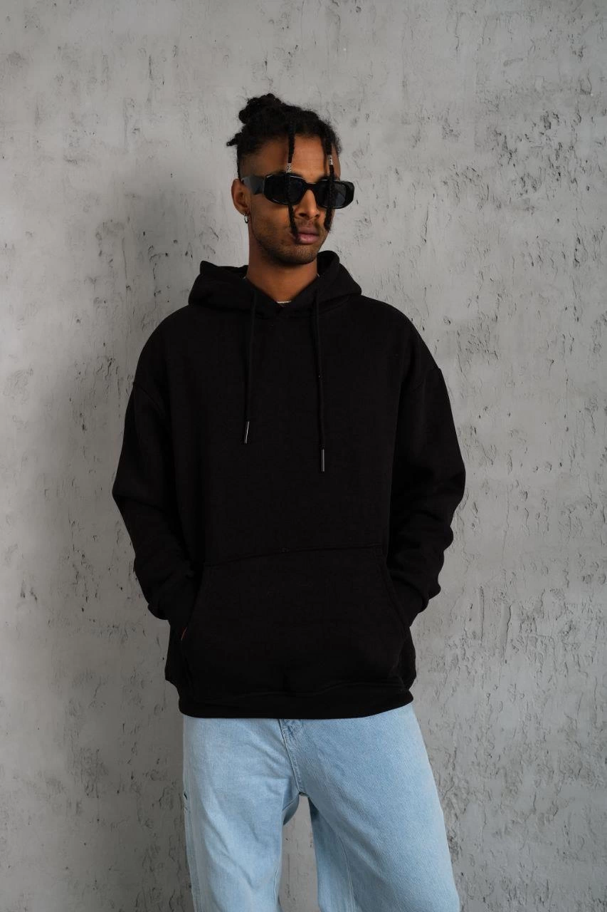 Men's Plain Hooded Sweatshirt - Black