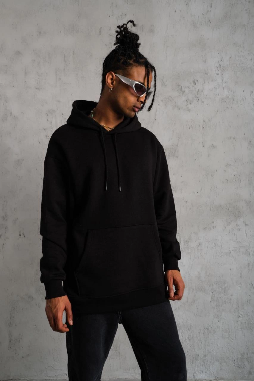 Men's Plain Hooded Sweatshirt - Black