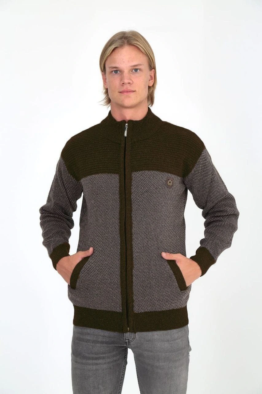 Men's Zip-Up Knitted Cardigan, High Collar, Pockets, Casual Smart Comfortable Fit Knitwear - Brown