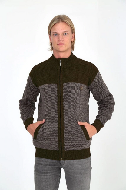 Men's Zip-Up Knitted Cardigan, High Collar, Pockets, Casual Smart Comfortable Fit Knitwear - Brown