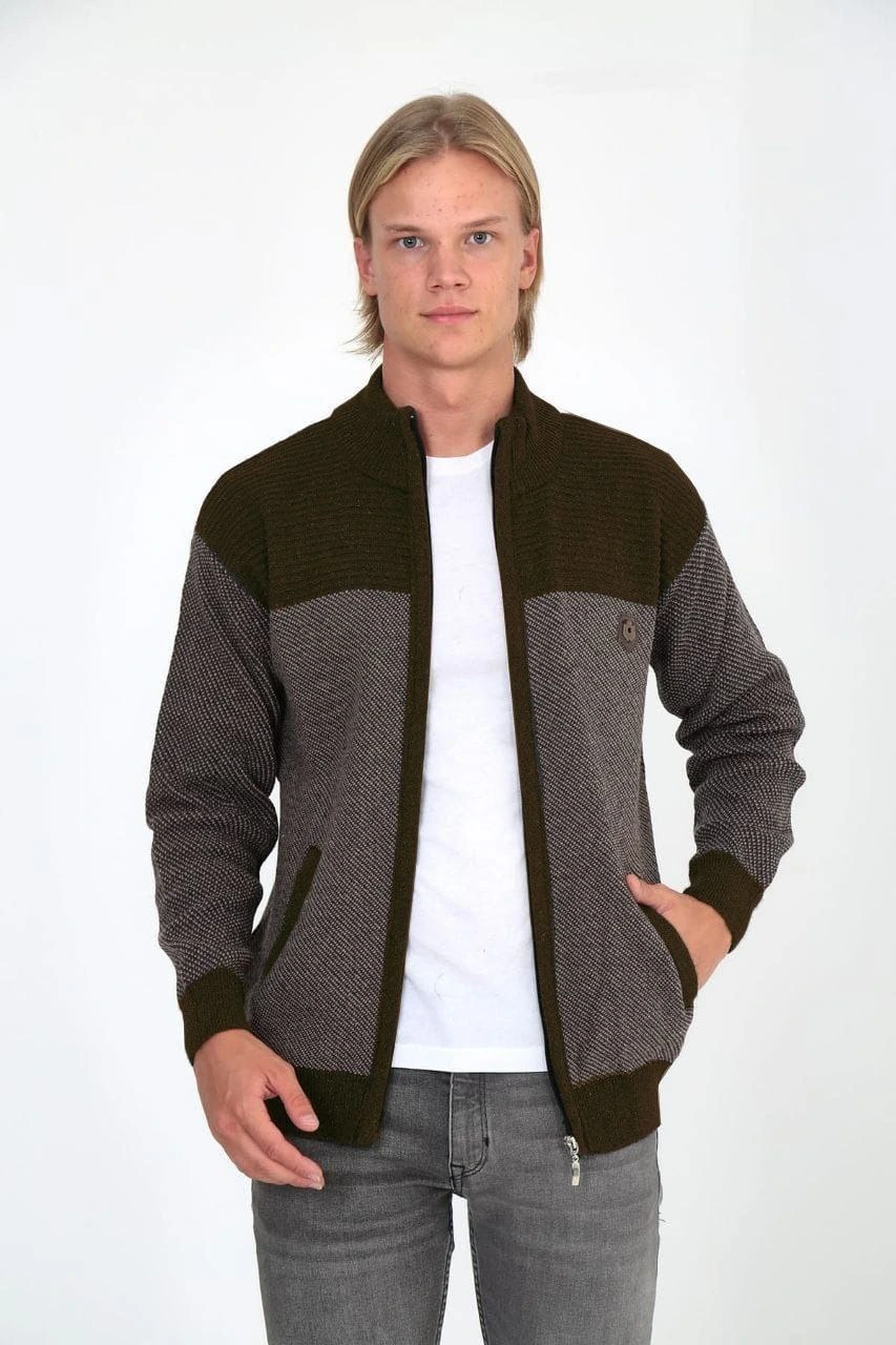 Men's Zip-Up Knitted Cardigan, High Collar, Pockets, Casual Smart Comfortable Fit Knitwear - Brown