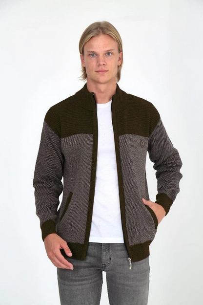 Men's Zip-Up Knitted Cardigan, High Collar, Pockets, Casual Smart Comfortable Fit Knitwear - Brown
