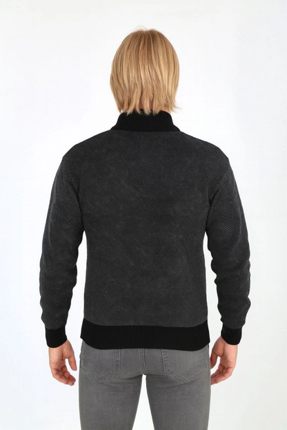 Men's Zippered Knit Cardigan High Neck, Pockets, Casual Smart Comfortable Fit Knit - Black
