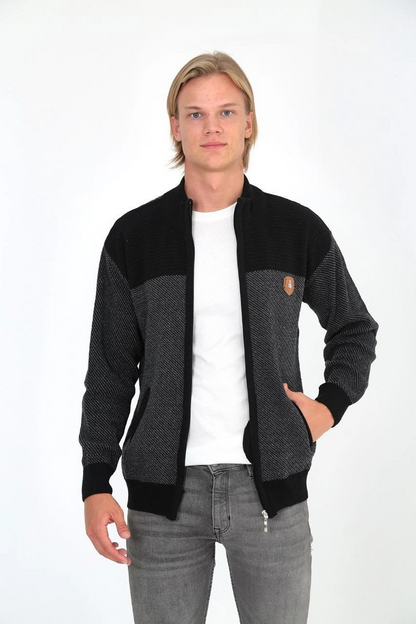 Men's Zippered Knit Cardigan High Neck, Pockets, Casual Smart Comfortable Fit Knit - Black