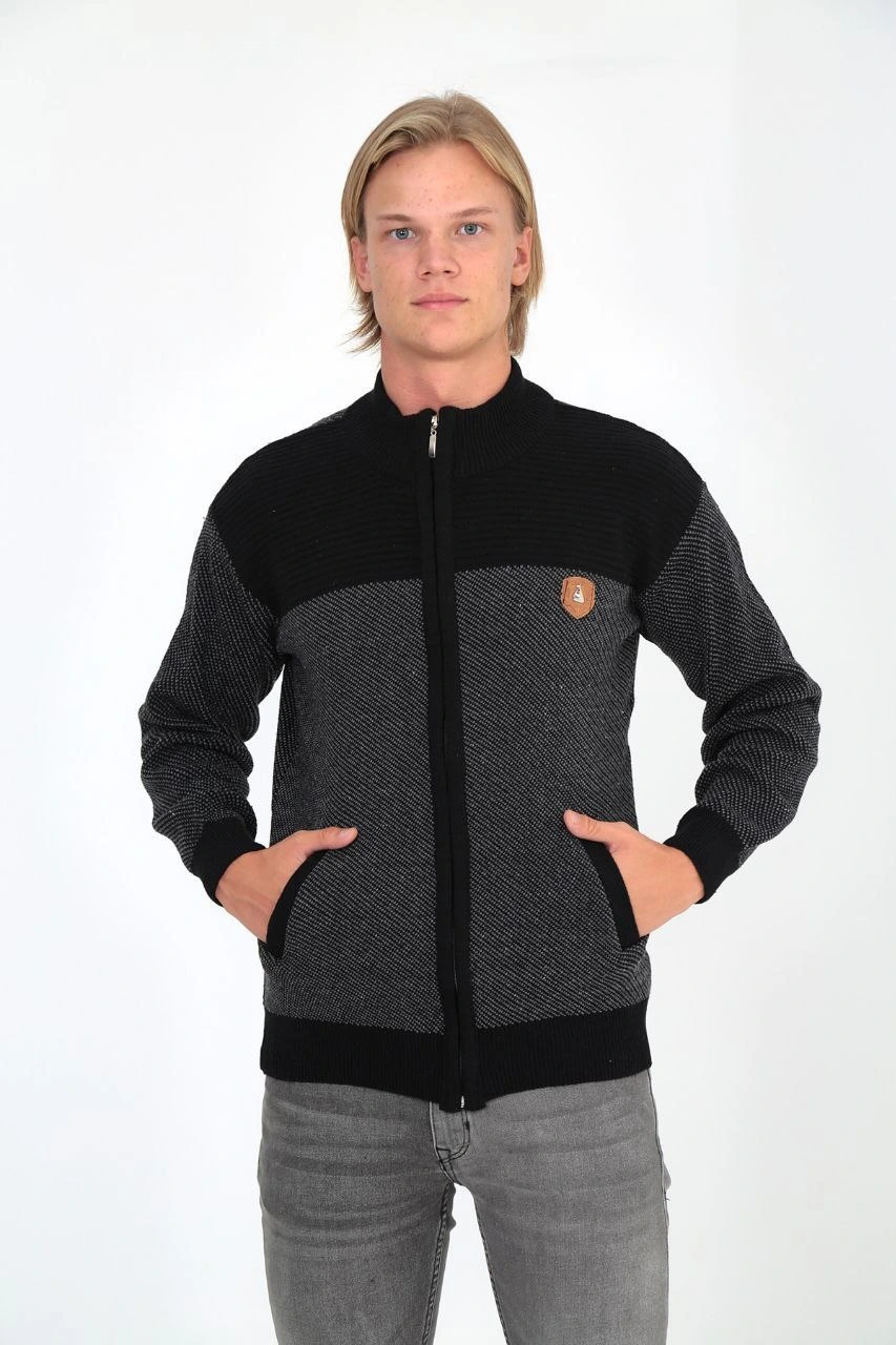 Men's Zippered Knit Cardigan High Neck, Pockets, Casual Smart Comfortable Fit Knit - Black