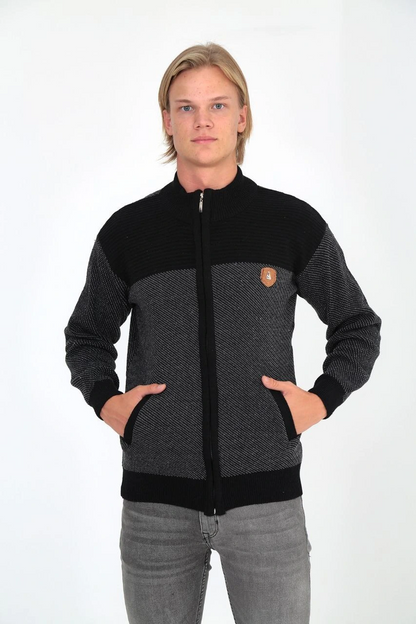 Men's Zippered Knit Cardigan High Neck, Pockets, Casual Smart Comfortable Fit Knit - Black