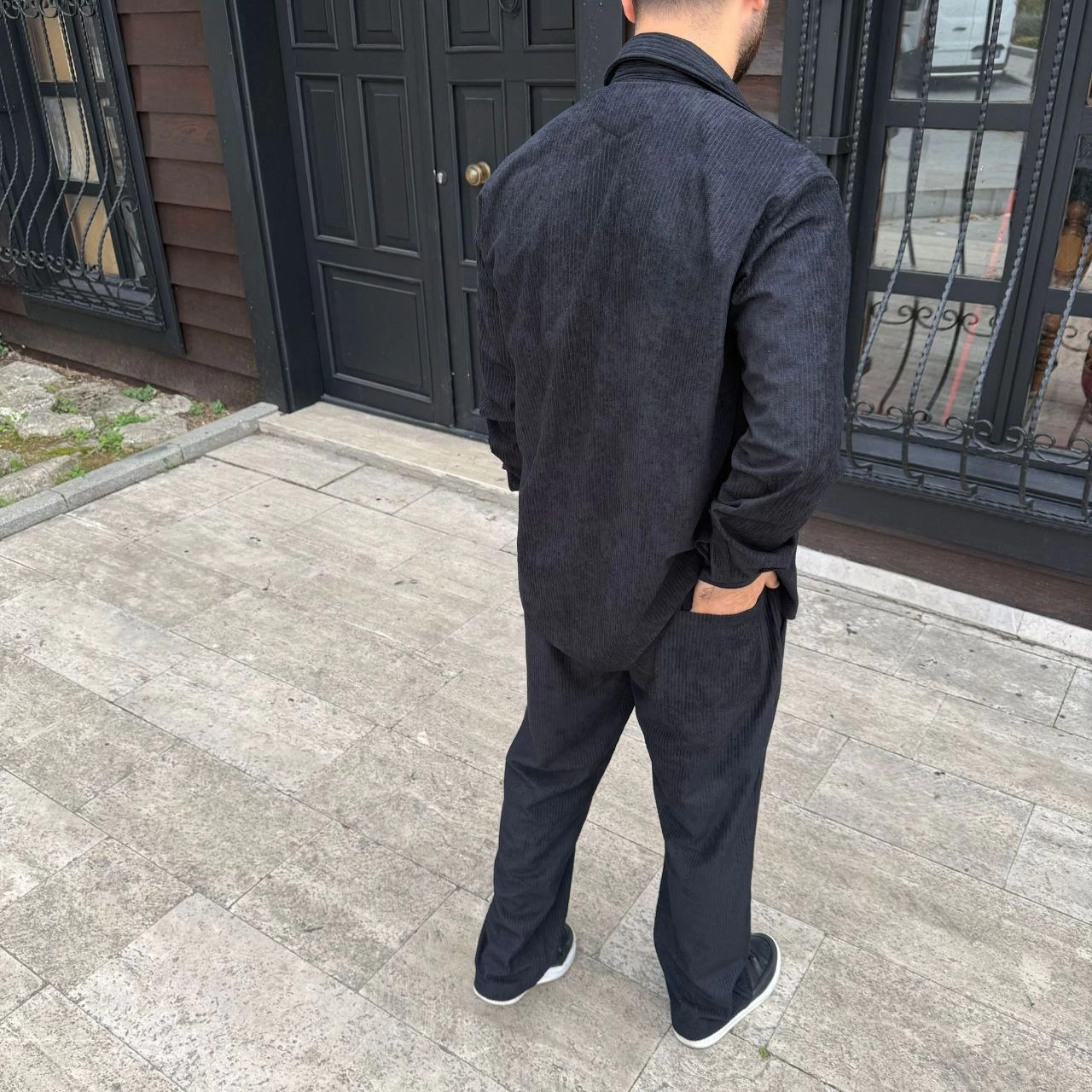 Erkek Fitilli Kadife Cepli Buggy Pantolon Oversize Rahat Kalıp - Siyah