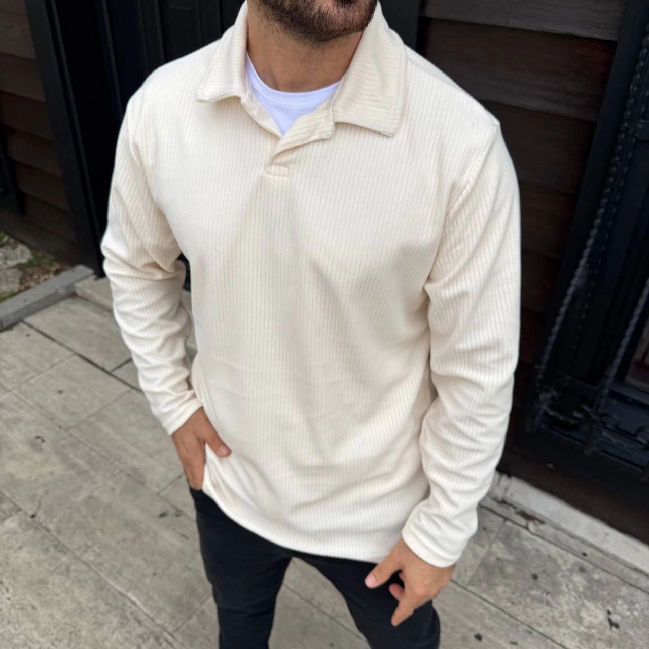Men's Corduroy Fleece Sweatshirt - Buttonless Polo Neck, Oversize Loose Fit, Thick Fleece Fabric, Stylish Casual Top for Winter and Spring - White