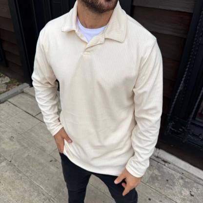 Men's Corduroy Fleece Sweatshirt - Buttonless Polo Neck, Oversize Loose Fit, Thick Fleece Fabric, Stylish Casual Top for Winter and Spring - White