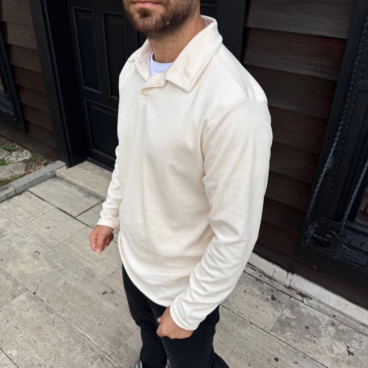 Men's Corduroy Fleece Sweatshirt - Buttonless Polo Neck, Oversize Loose Fit, Thick Fleece Fabric, Stylish Casual Top for Winter and Spring - White