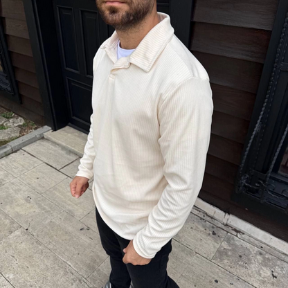 Men's Corduroy Fleece Sweatshirt - Buttonless Polo Neck, Oversize Loose Fit, Thick Fleece Fabric, Stylish Casual Top for Winter and Spring - White