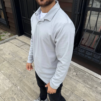 Men's Corduroy Fleece Sweatshirt - Buttonless Polo Collar, Oversize Relaxed Fit, Thick Fleece Fabric, Stylish Winter and Spring Everyday Top - Grey