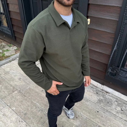 Men's Corduroy Fleece Sweatshirt - Buttonless Polo Collar, Oversized Relaxed Fit, Thick Fleece Fabric, Stylish Casual Top for Winter and Spring - Khaki