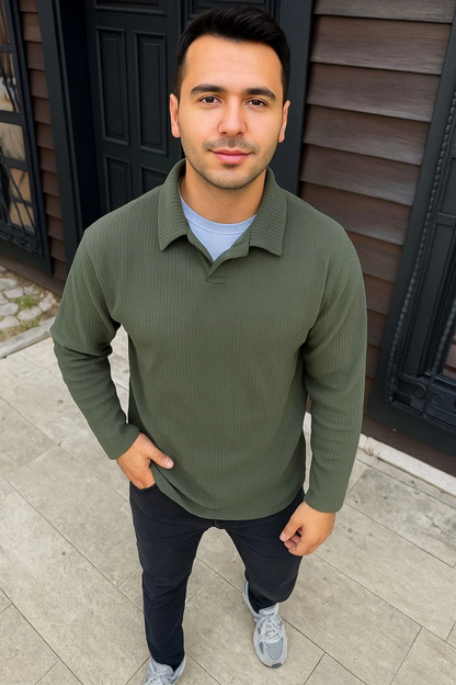 Men's Corduroy Fleece Sweatshirt - Buttonless Polo Collar, Oversized Relaxed Fit, Thick Fleece Fabric, Stylish Casual Top for Winter and Spring - Khaki