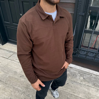 Men's Corduroy Fleece Sweatshirt - Buttonless Polo Collar, Oversize Relaxed Fit, Thick Fleece Fabric, Stylish Casual Top for Winter and Spring - Brown