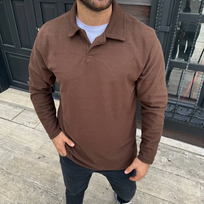 Men's Corduroy Fleece Sweatshirt - Buttonless Polo Collar, Oversize Relaxed Fit, Thick Fleece Fabric, Stylish Casual Top for Winter and Spring - Brown