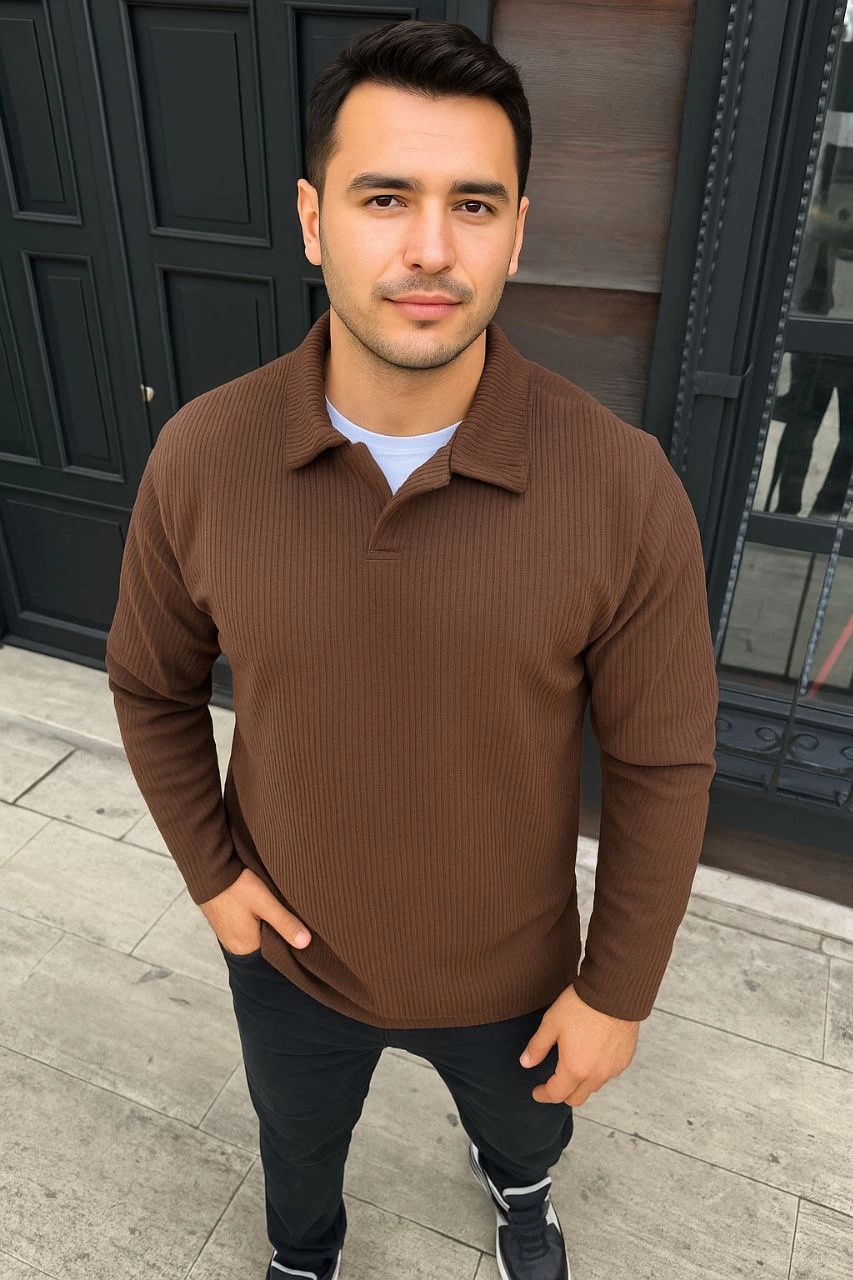 Men's Corduroy Fleece Sweatshirt - Buttonless Polo Collar, Oversize Relaxed Fit, Thick Fleece Fabric, Stylish Casual Top for Winter and Spring - Brown
