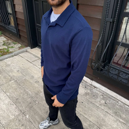 Men's Ribbed Fleece Sweatshirt - Buttonless Polo Neck, Oversize Loose Fit, Thick Fleece Fabric, Stylish Casual Top for Winter and Spring - Navy Blue