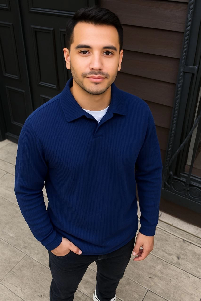 Men's Ribbed Fleece Sweatshirt - Buttonless Polo Neck, Oversize Loose Fit, Thick Fleece Fabric, Stylish Casual Top for Winter and Spring - Navy Blue