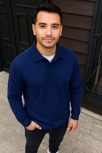Men's Ribbed Fleece Sweatshirt - Buttonless Polo Neck, Oversize Loose Fit, Thick Fleece Fabric, Stylish Casual Top for Winter and Spring - Navy Blue