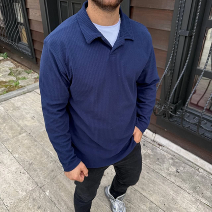 Men's Ribbed Fleece Sweatshirt - Buttonless Polo Neck, Oversize Loose Fit, Thick Fleece Fabric, Stylish Casual Top for Winter and Spring - Navy Blue