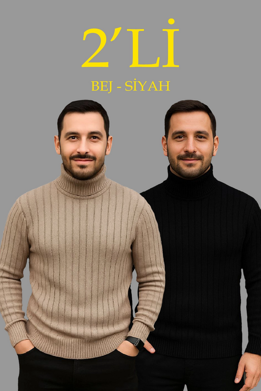 Erkek Fitilli Triko Kazak 2'li Set Bej Siyah Regular Balıkcı Yaka Tam Boğazlı Triko Seti Modeli Kazak