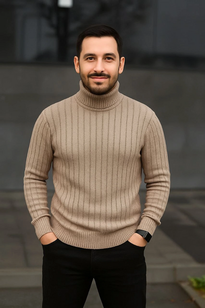 Erkek Fitilli Triko Kazak 2'li Set Bej Siyah Regular Balıkcı Yaka Tam Boğazlı Triko Seti Modeli Kazak