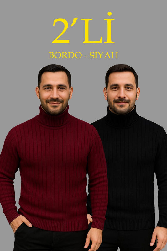 Erkek Fitilli Triko Kazak 2'li Set Bordo Siyah Regular Balıkcı Yaka Tam Boğazlı Triko Seti Modeli Kazak