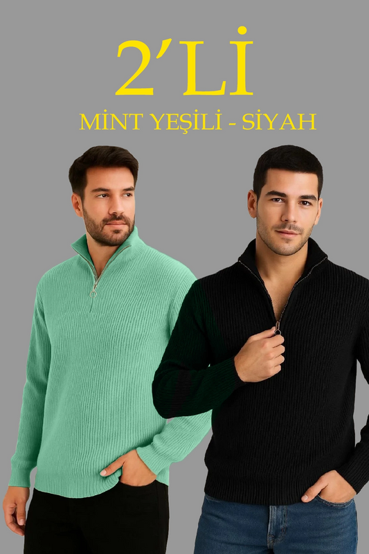 Erkek Fitilli Triko Kazak 2 li Set - Mint Yeşili & Siyah, Kalın Dokuma Pamuklu Regular Fit V Yaka Fermuarlı Uzun Kollu Rahat Kışlık Kazak Kombini