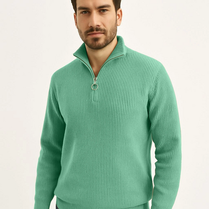 Erkek Fitilli Triko Kazak 2 li Set - Mint Yeşili & Siyah, Kalın Dokuma Pamuklu Regular Fit V Yaka Fermuarlı Uzun Kollu Rahat Kışlık Kazak Kombini