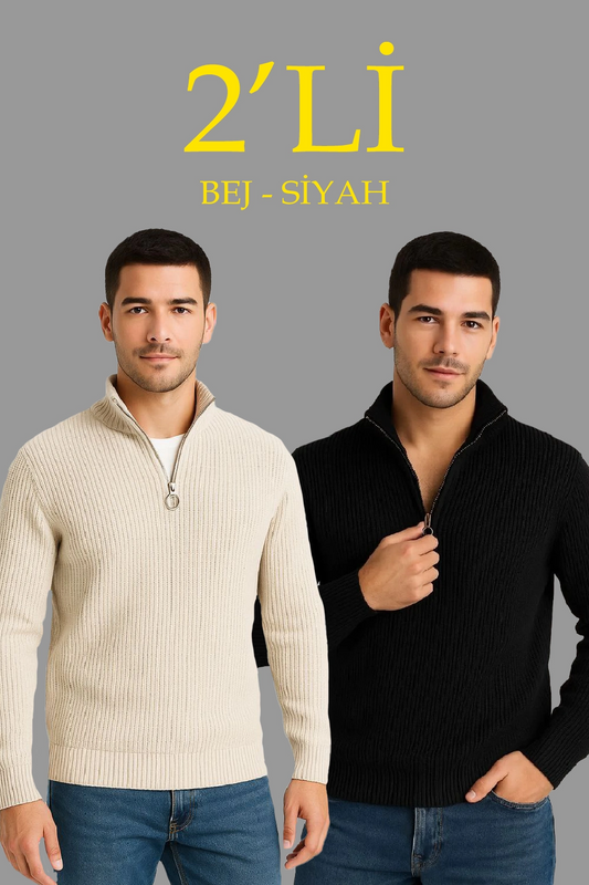 Erkek Fitilli Triko Kazak 2 li Set - Siyah & Bej Kalın Dokuma Pamuklu Regular Fit V Yaka Fermuarlı Uzun Kollu Rahat Kışlık Kazak Kombini