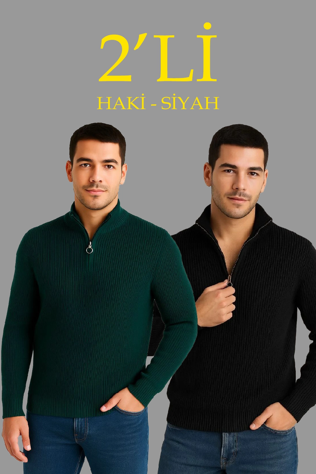 Erkek Fitilli Triko Kazak 2 li Set - Siyah & Haki Kalın Dokuma Pamuklu Regular Fit V Yaka Fermuarlı Uzun Kollu Rahat Kışlık Kazak Kombini