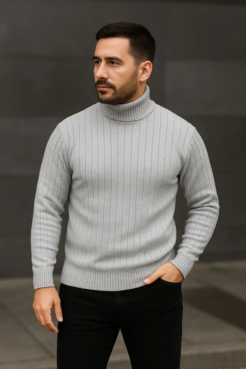 Erkek Fitilli Triko Kazak 3'lÜ Set Gri Haki Siyah Regular Balıkcı Yaka Tam Boğazlı Triko Seti Modeli Kazak