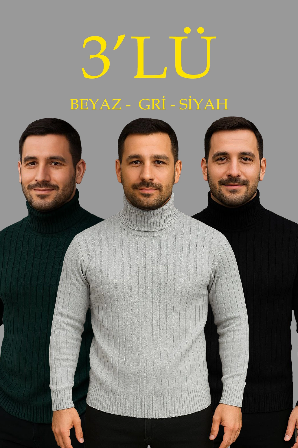 Erkek Fitilli Triko Kazak 3'lÜ Set Gri Haki Siyah Regular Balıkcı Yaka Tam Boğazlı Triko Seti Modeli Kazak