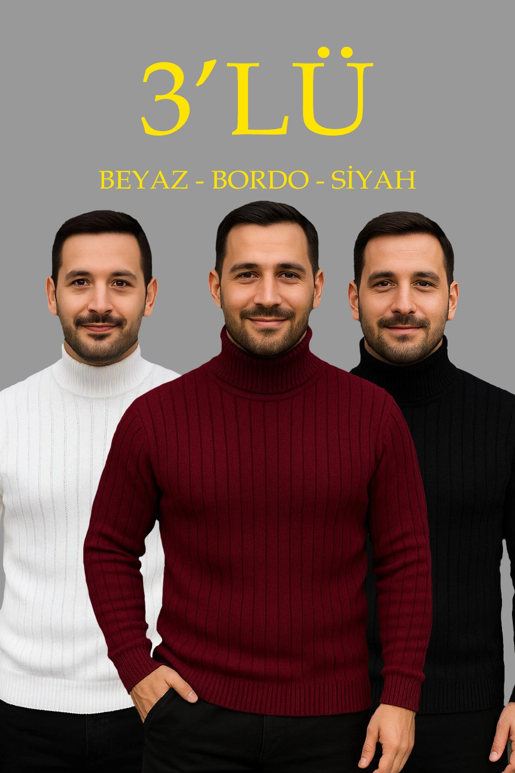 Erkek Fitilli Triko Kazak 3'lÜ Set Beyaz Bordo Siyah Regular Balıkcı Yaka Tam Boğazlı Triko Seti Modeli Kazak