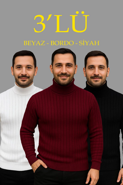 Erkek Fitilli Triko Kazak 3'lÜ Set Beyaz Bordo Siyah Regular Balıkcı Yaka Tam Boğazlı Triko Seti Modeli Kazak